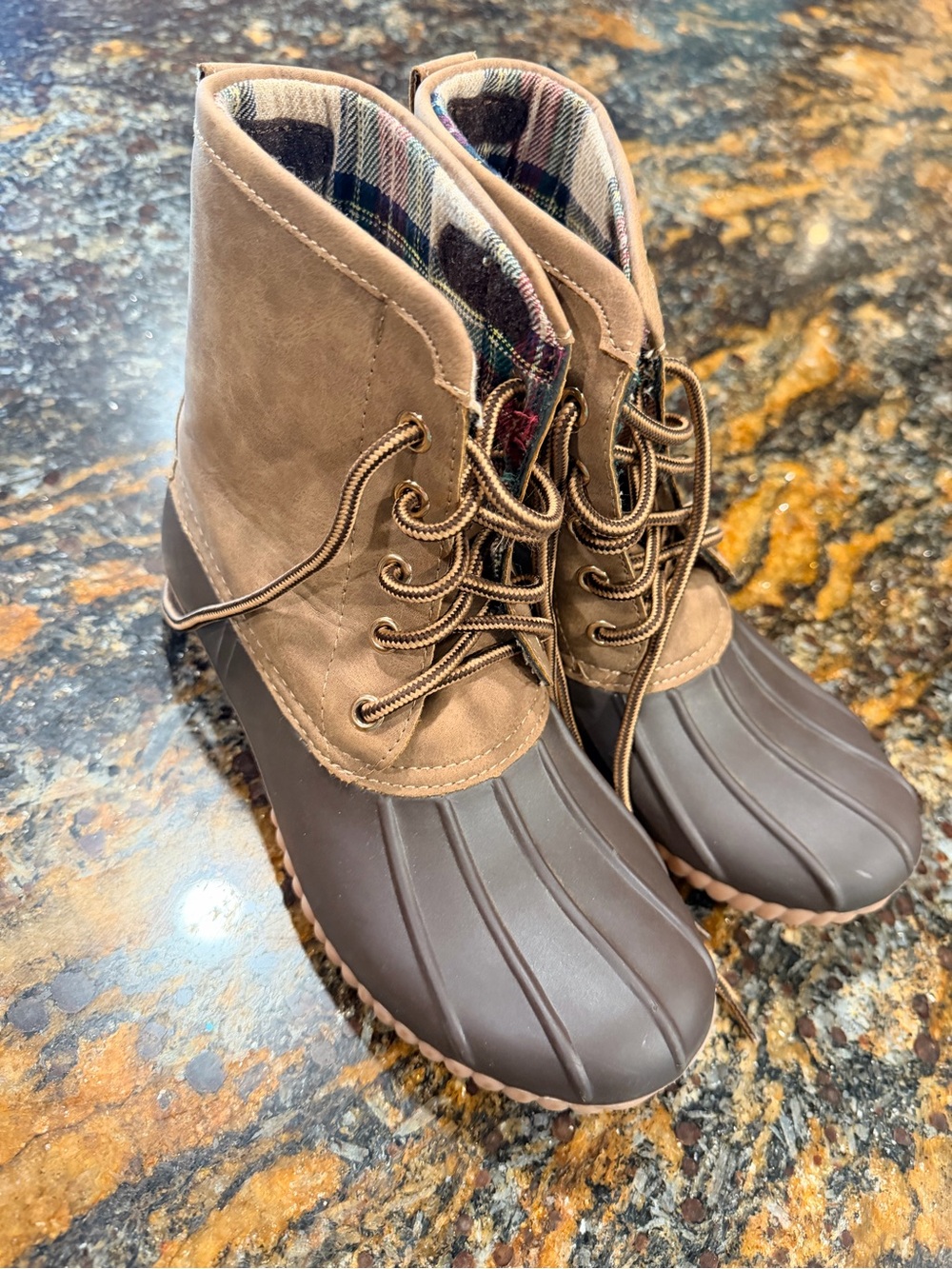 Women's Brown Waterproof Lace-Up Duck Boots with Plaid Lining